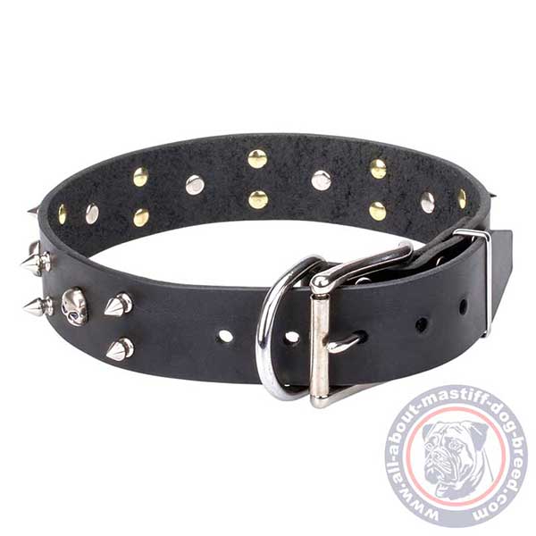 Black leather dog collar with nickel plated buckle