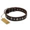"Gorgeous Shields" FDT Artisan Brown Leather Mastiff Collar with Old Silver-like Circles and Small Camomiles