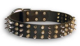 Leather Mastiff Collar with 3 Spikes+3 Old Brass Pyramids