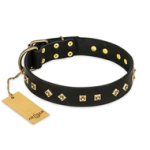 'Rhomb Style' FDT Artisan Mastiff Decorated Black Leather Dog Collar with Old Bronze-Like Plated Studs 1 1/2 inch (40 mm) Wide
