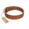 "Little Floret" Fashionable FDT Artisan Tan Leather Mastiff Collar with Silver-Like Adornments