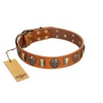 "Strike of Rock" FDT Artisan Tan Leather Mastiff Collar with Plates and Medallions with Skulls