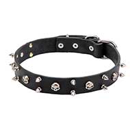 Mastiff Leather Dog Collar with Skulls and 2 Rows of Spikes 30mm wide Mastiff Leather Dog Collar with Skulls and 2 Rows of Spikes 30mm wide