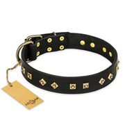 'Rhomb Style' FDT Artisan Mastiff Decorated Black Leather Dog Collar with Old Bronze-Like Plated Studs 1 1/2 inch (40 mm) Wide