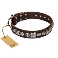 'Pierian spring' FDT Artisan Brown Leather Mastiff Dog Collar with Silvery Decorations - 1 1/2 inch (40 mm) wide