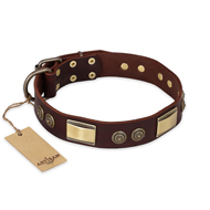 "Golden Stones" FDT Artisan Brown Leather Mastiff Collar with Old Bronze Look Plates and Circles - 1 1/2 inch (40 mm) wide "Golden Stones" FDT Artisan Brown Leather Mastiff Collar with Old Bronze Look Plates and Circles - 1 1/2 inch (40 mm) wide