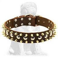 Three Rows brass Leather Spiked and Studded Mastiff collar