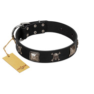 "Sea Rover" Embellished FDT Artisan Black Leather Mastiff Collar with Chrome Plated Crossbones and Plates