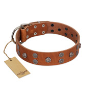 "Road Rider" FDT Artisan Tan Leather Mastiff Collar with Old Silver-like Skulls and Medallions