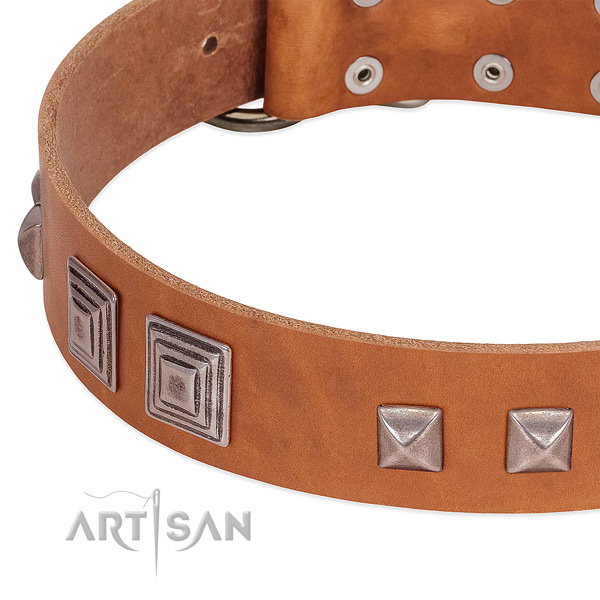 Reliable buckle on full grain leather dog collar for easy wearing