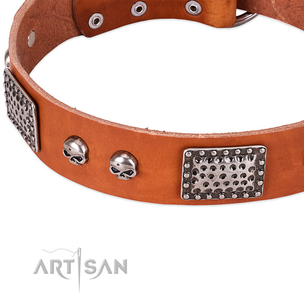 Rust resistant D-ring on natural genuine leather dog collar for your dog