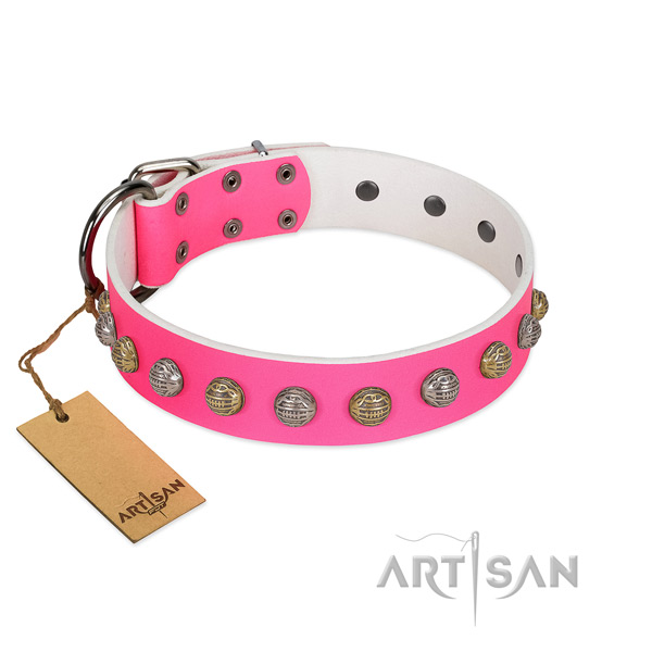 Rust-proof fittings on decorated genuine leather dog collar