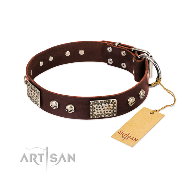 Adjustable full grain natural leather dog collar for daily walking your canine