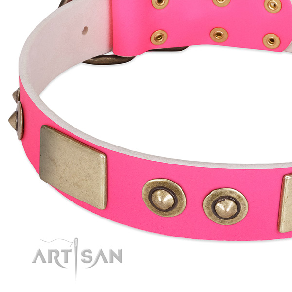 Durable D-ring on genuine leather dog collar for your canine