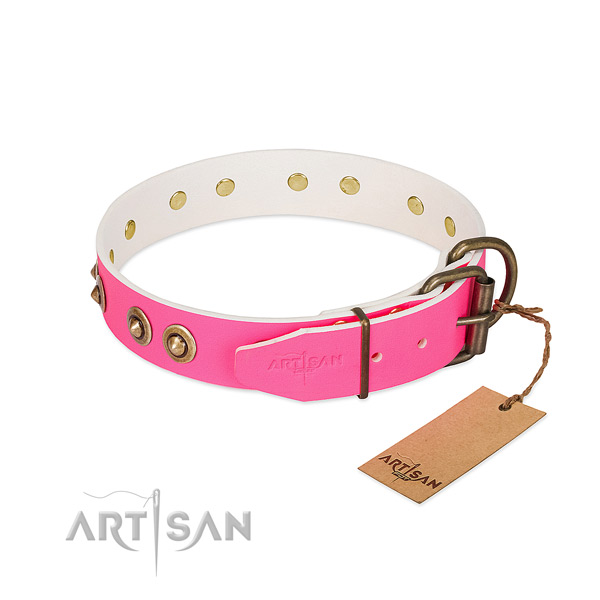 Full grain genuine leather dog collar with strong D-ring and decorations
