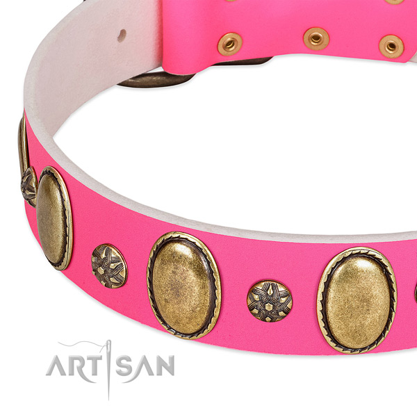 Easy wearing gentle to touch full grain natural leather dog collar with embellishments