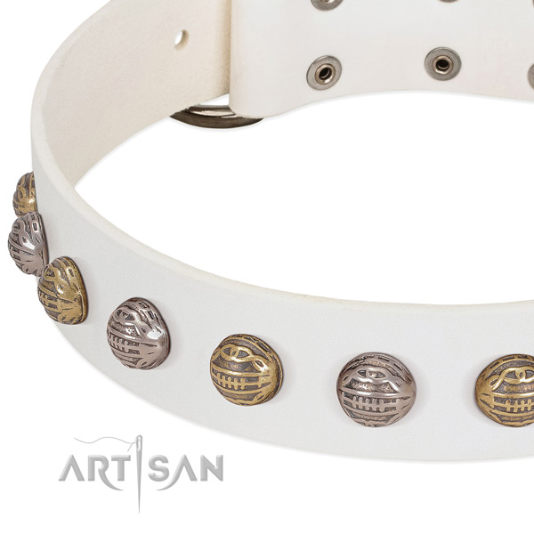 Rust resistant D-ring on full grain genuine leather collar for fancy walking your doggie