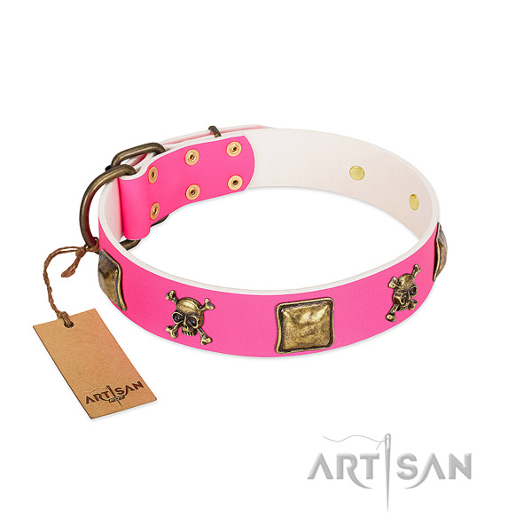 Full grain natural leather dog collar with stylish design decorations