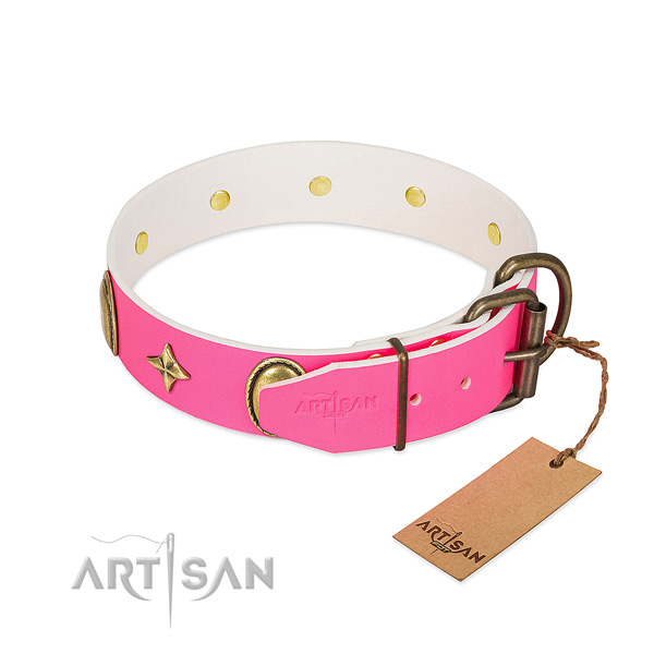 Reliable natural leather dog collar with exceptional adornments