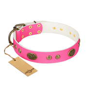 "Twinkle Pink" FDT Artisan Pink Leather Mastiff Collar with Old Bronze Look Plates and Circles "Twinkle Pink" FDT Artisan Pink Leather Mastiff Collar with Old Bronze Look Plates and Circles