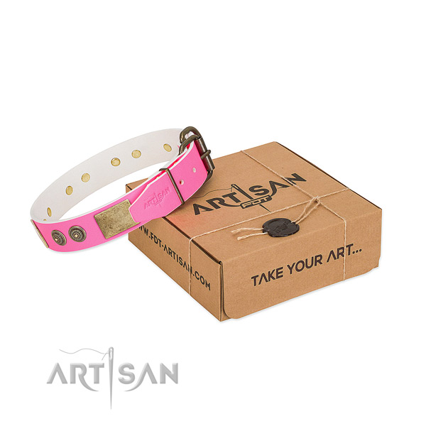 Corrosion resistant fittings on natural genuine leather dog collar for daily use