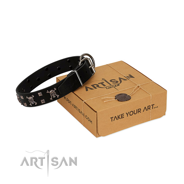 Daily walking reliable leather dog collar with embellishments