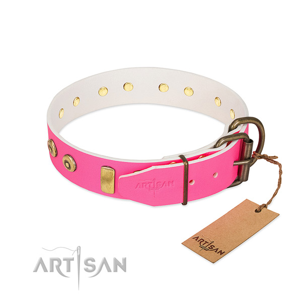 Handy use full grain natural leather collar with embellishments for your four-legged friend