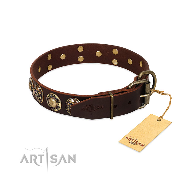 Walking natural genuine leather collar with decorations for your doggie