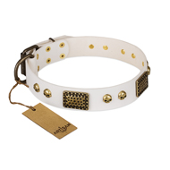 "Lost Treasures" FDT Artisan White Leather Mastiff Collar with Old Bronze Look Plates and Skulls "Lost Treasures" FDT Artisan White Leather Mastiff Collar with Old Bronze Look Plates and Skulls