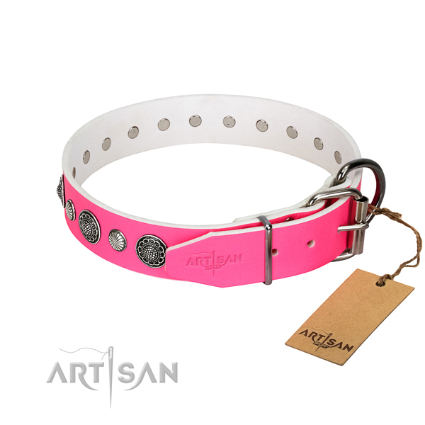 Reliable genuine leather dog collar with rust-proof traditional buckle