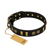 "Simple Elegance" FDT Artisan Black Leather Mastiff Collar with Old Bronze-like Plates and Circles "Simple Elegance" FDT Artisan Black Leather Mastiff Collar with Old Bronze-like Plates and Circles