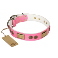 "Sunrise Glow" FDT Artisan Pink Leather Mastiff Collar with Old Bronze Look Plates and Round Studs "Sunrise Glow" FDT Artisan Pink Leather Mastiff Collar with Old Bronze Look Plates and Round Studs