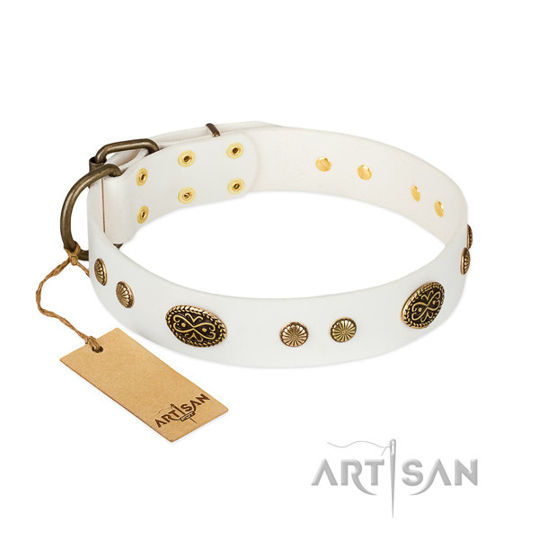 Rust-proof embellishments on full grain natural leather dog collar for your doggie