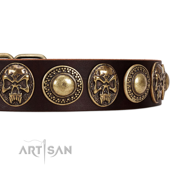 Genuine leather dog collar with embellishments for comfortable wearing