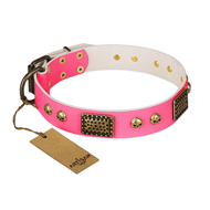 "Vintage and Glamour" FDT Artisan Pink Leather Mastiff Collar with Old Bronze Look Plates and Skulls "Vintage and Glamour" FDT Artisan Pink Leather Mastiff Collar with Old Bronze Look Plates and Skulls