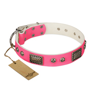 "Fashion Skulls" FDT Artisan Pink Leather Mastiff Collar with Old Silver Look Plates and Skulls "Fashion Skulls" FDT Artisan Pink Leather Mastiff Collar with Old Silver Look Plates and Skulls