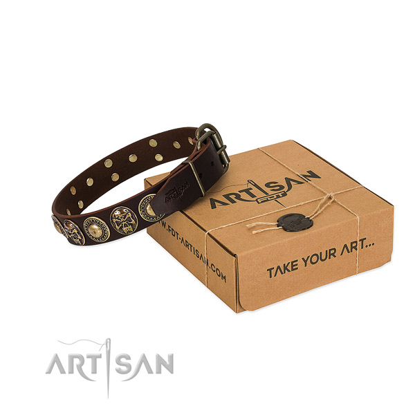 Decorated full grain genuine leather dog collar for stylish walking