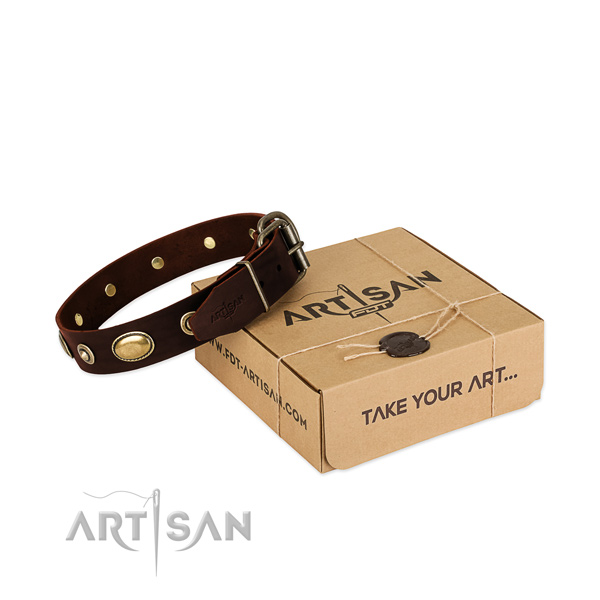 Reliable buckle on full grain genuine leather dog collar for your four-legged friend