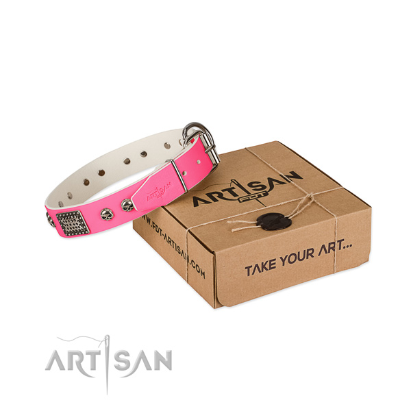 Corrosion proof decorations on dog collar for comfortable wearing