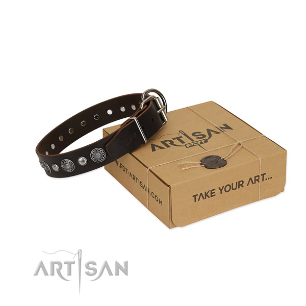 Durable full grain genuine leather dog collar with amazing adornments