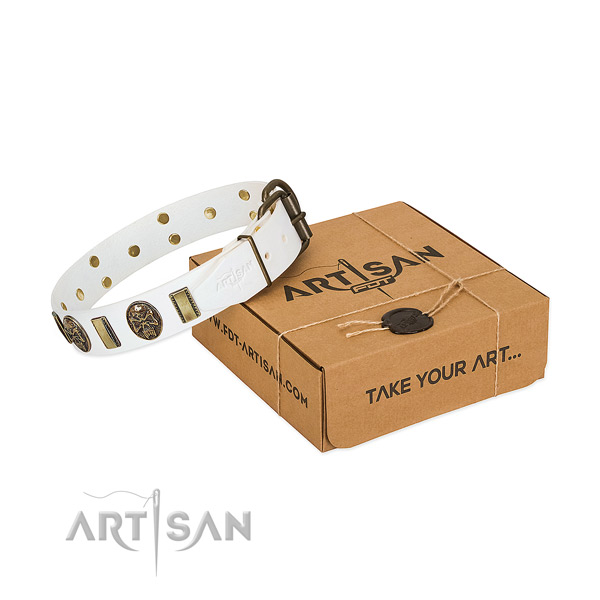 Durable buckle on genuine leather dog collar for handy use