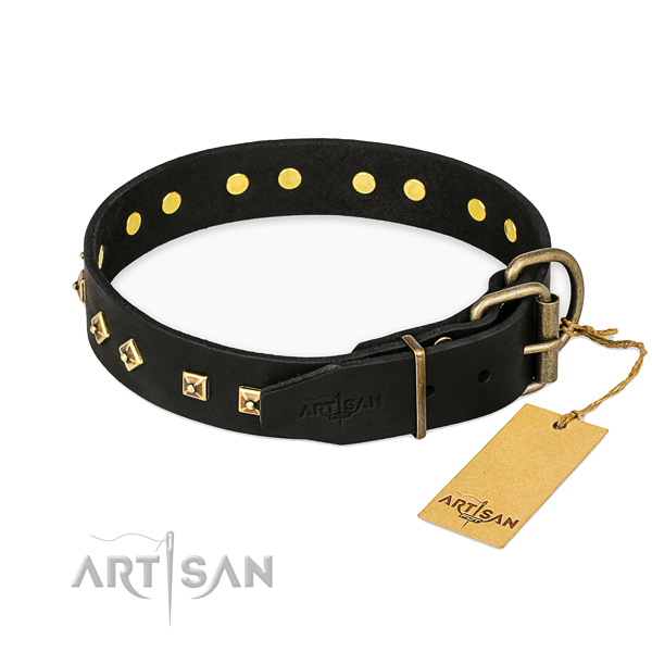 Everyday use natural genuine leather collar with adornments for your dog