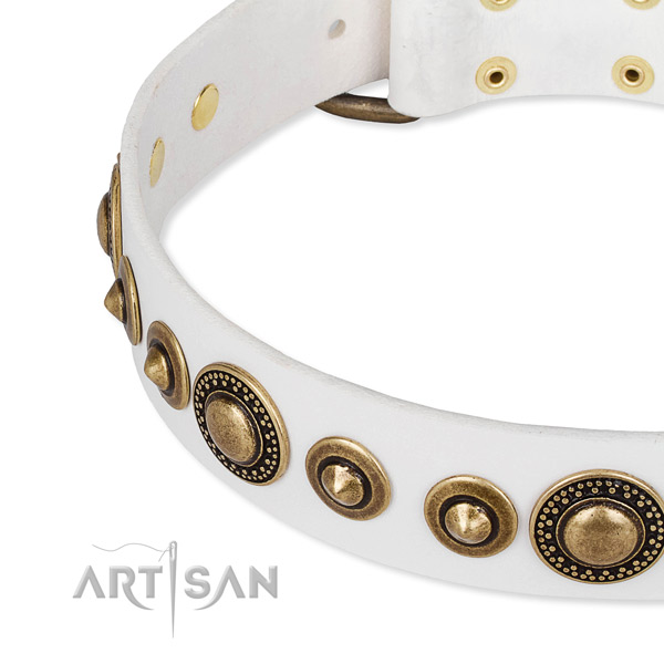 Adjustable leather dog collar with resistant to tear and wear non-rusting fittings