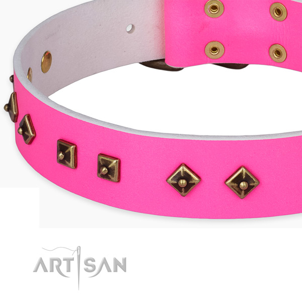 Walking natural genuine leather collar with rust resistant buckle and D-ring