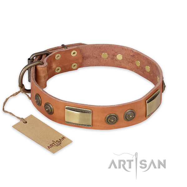 Fashionable design studs on natural genuine leather dog collar