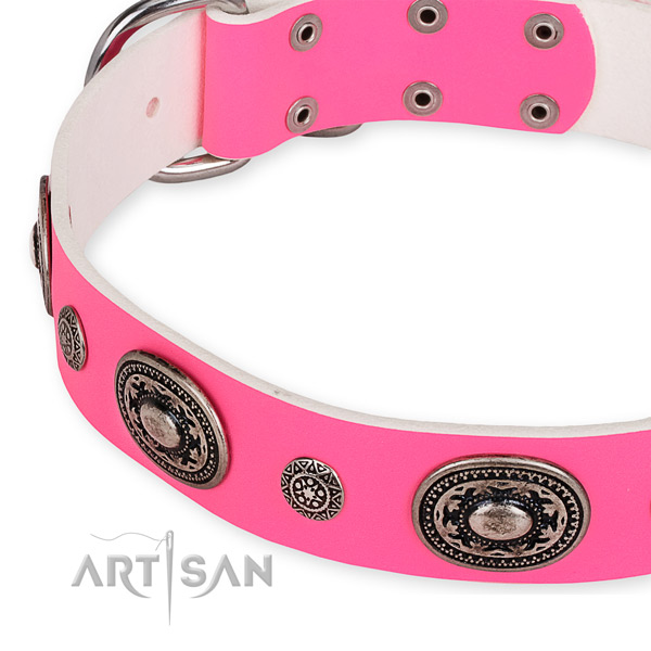 Easy to put on/off leather dog collar with extra strong non-rusting fittings