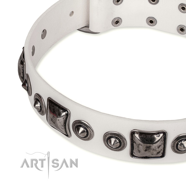 Adjustable leather dog collar with almost unbreakable non-rusting buckle