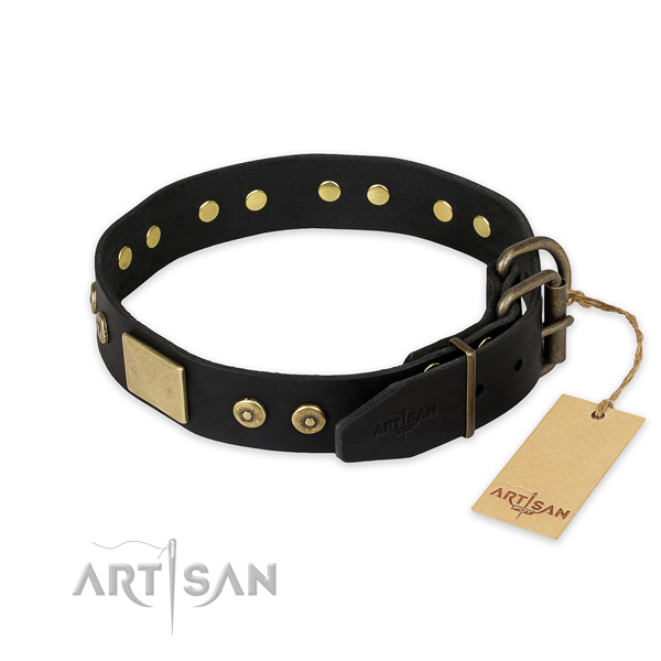 Handy use natural genuine leather collar with embellishments for your doggie