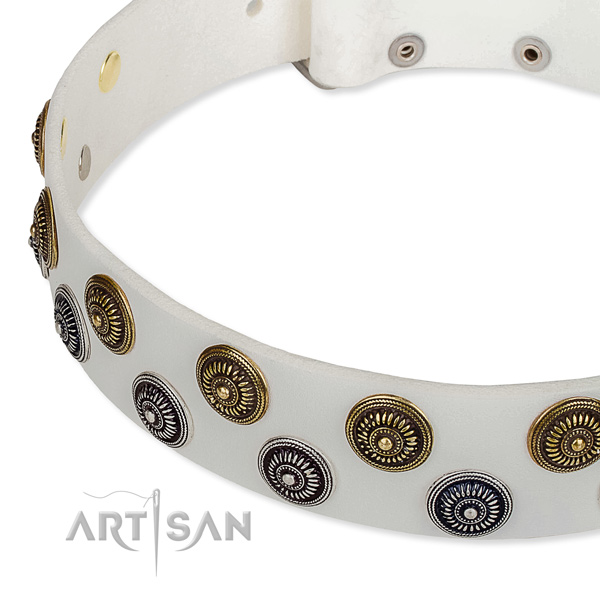 Easy to put on/off leather dog collar with resistant to tear and wear non-rusting hardware