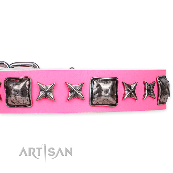 Easy to put on/off leather dog collar with extra sturdy non-rusting set of hardware